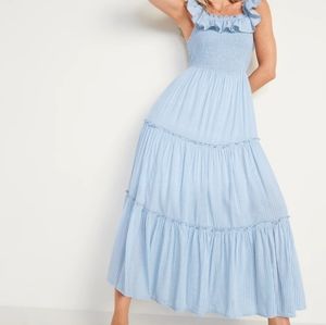 Ruffled Smocked Bodice Striped Maxi Dress
